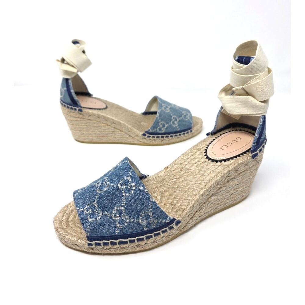 Gucci Pilar Denim Espadrille Platform Wedge Sandals GG Monogram Blue 37 7
